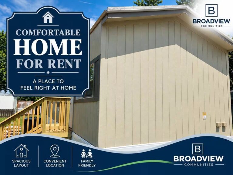 Beige mobile home with deck; banner reads "Comfortable Home for Rent" by Broadview Communities
