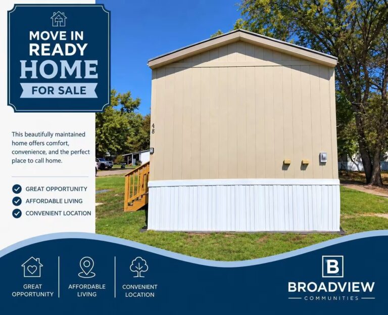 Ad for move-in ready home for sale showing beige manufactured home, Broadview Communities branding