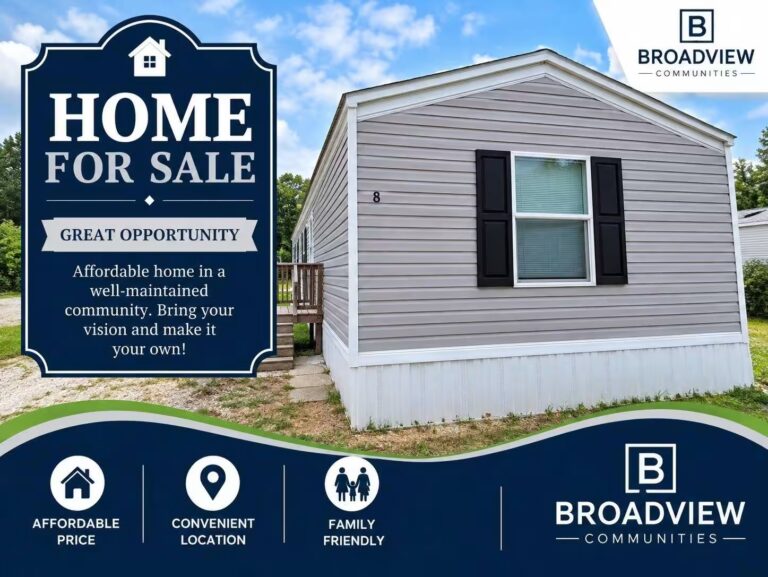 Broadview Communities home for sale ad: gray manufactured home with black shutters, great opportunity.
