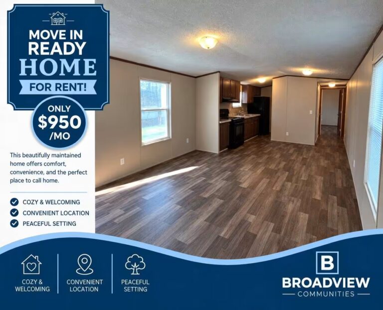 Broadview Communities rental ad: "Move In Ready Home for Rent! Only $950/mo", empty living room