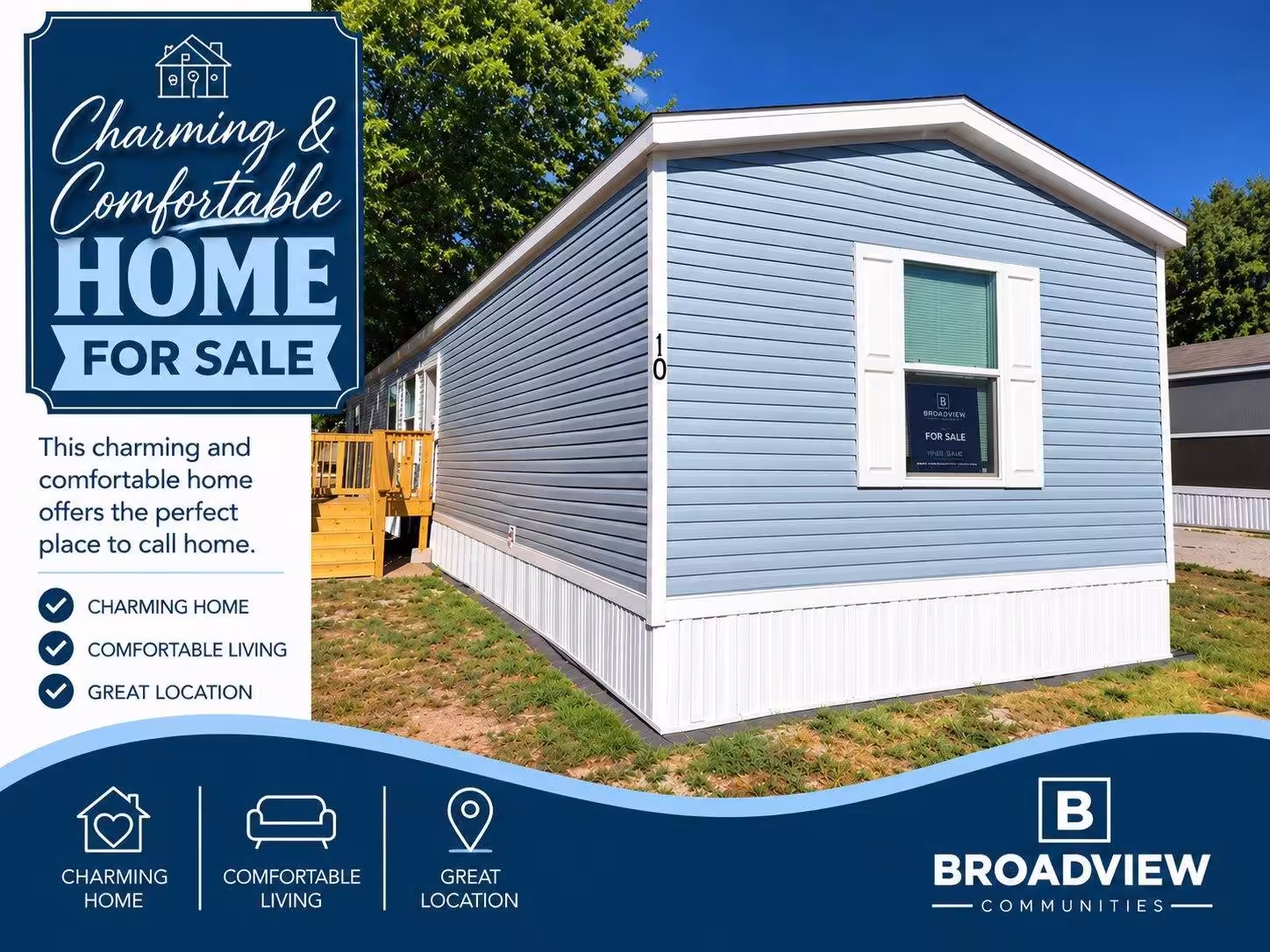 Charming & Comfortable Home for Sale ad featuring a blue manufactured home by Broadview Communities.