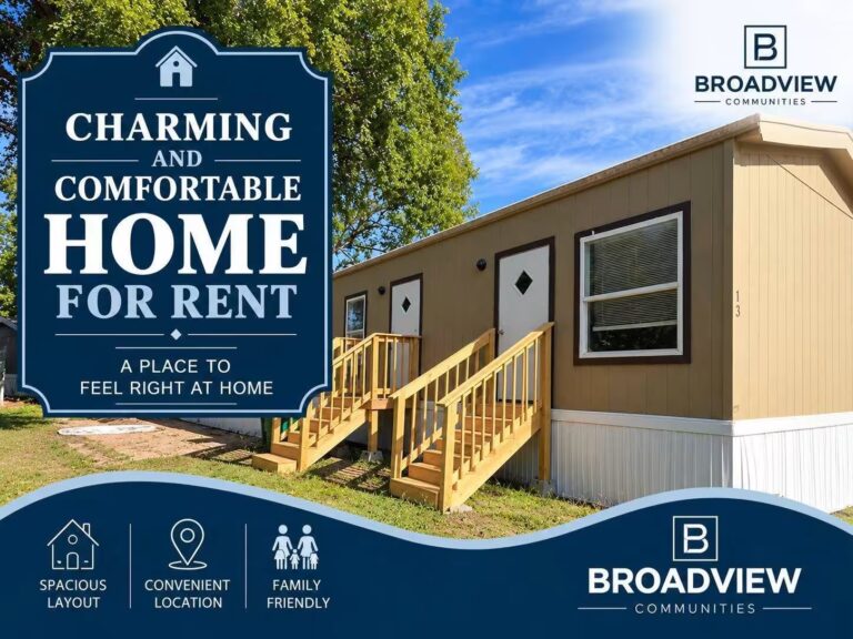 Charming and Comfortable Home for Rent; tan mobile home with stairs, Broadview Communities