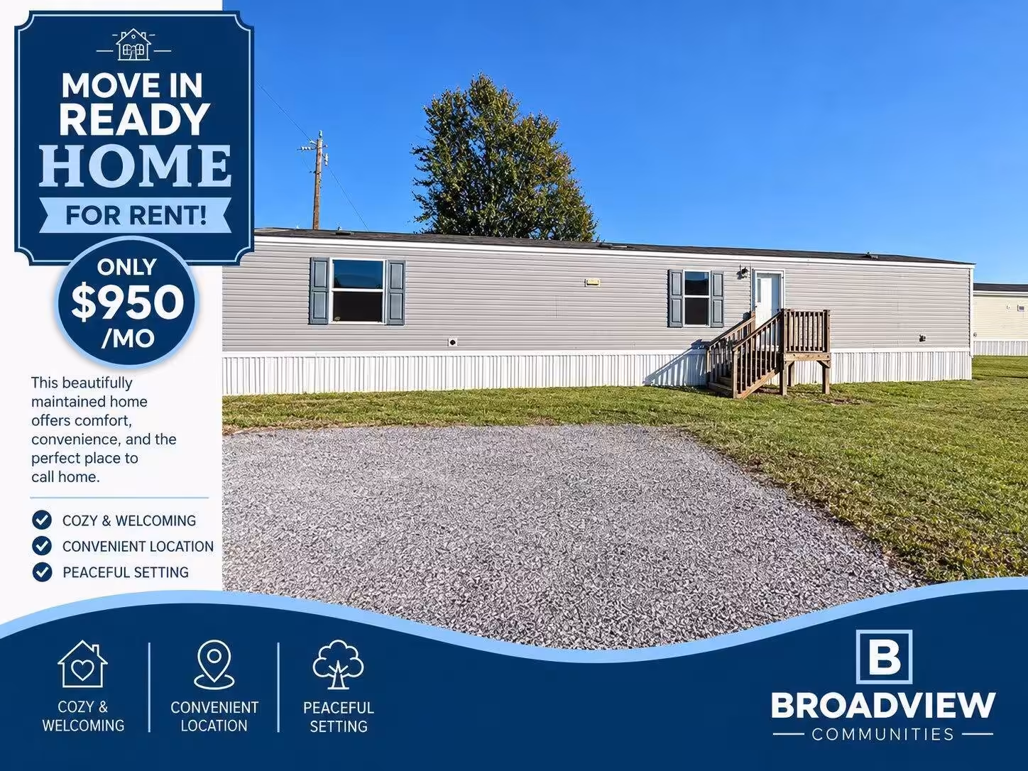 Mobile home for rent banner: move-in ready, $950/mo, 3-bed, from Broadview Communities.