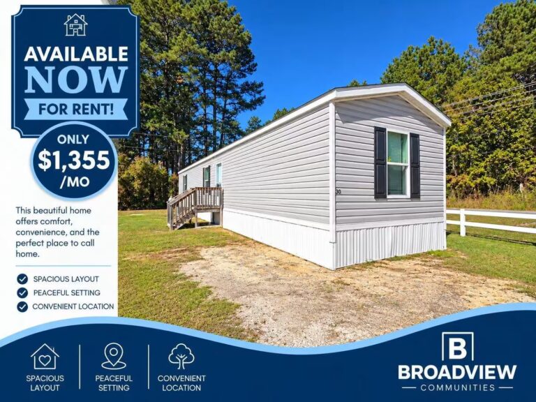 Available Now for Rent, $1,355/mo — single-wide mobile home with ramp, white fence, and trees.
