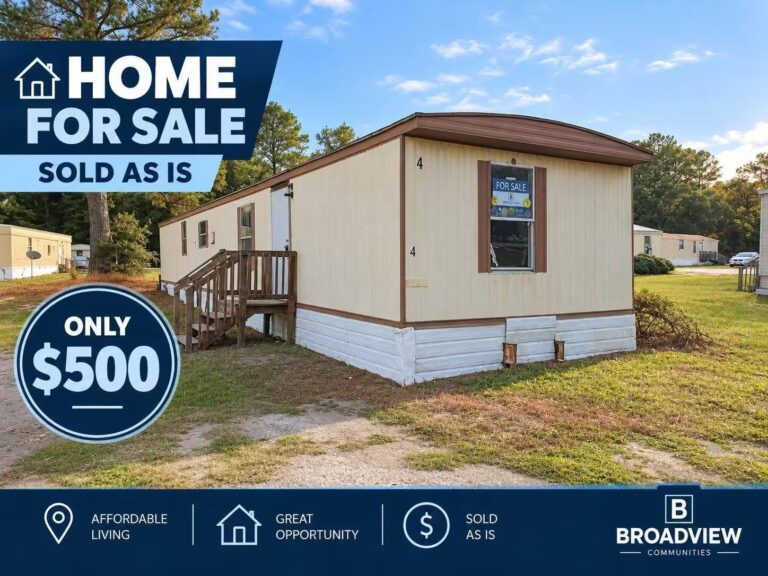 Home For Sale Sold As Is banner over a beige single-wide mobile home, with Only $500 badge.