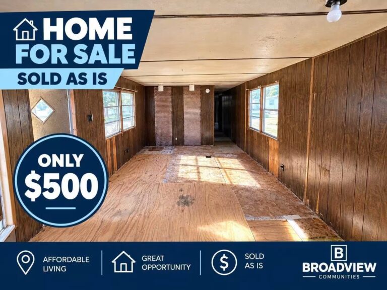 Empty wood-paneled room with "Home for Sale — Sold As Is, Only $500" banner, Broadview Networks.